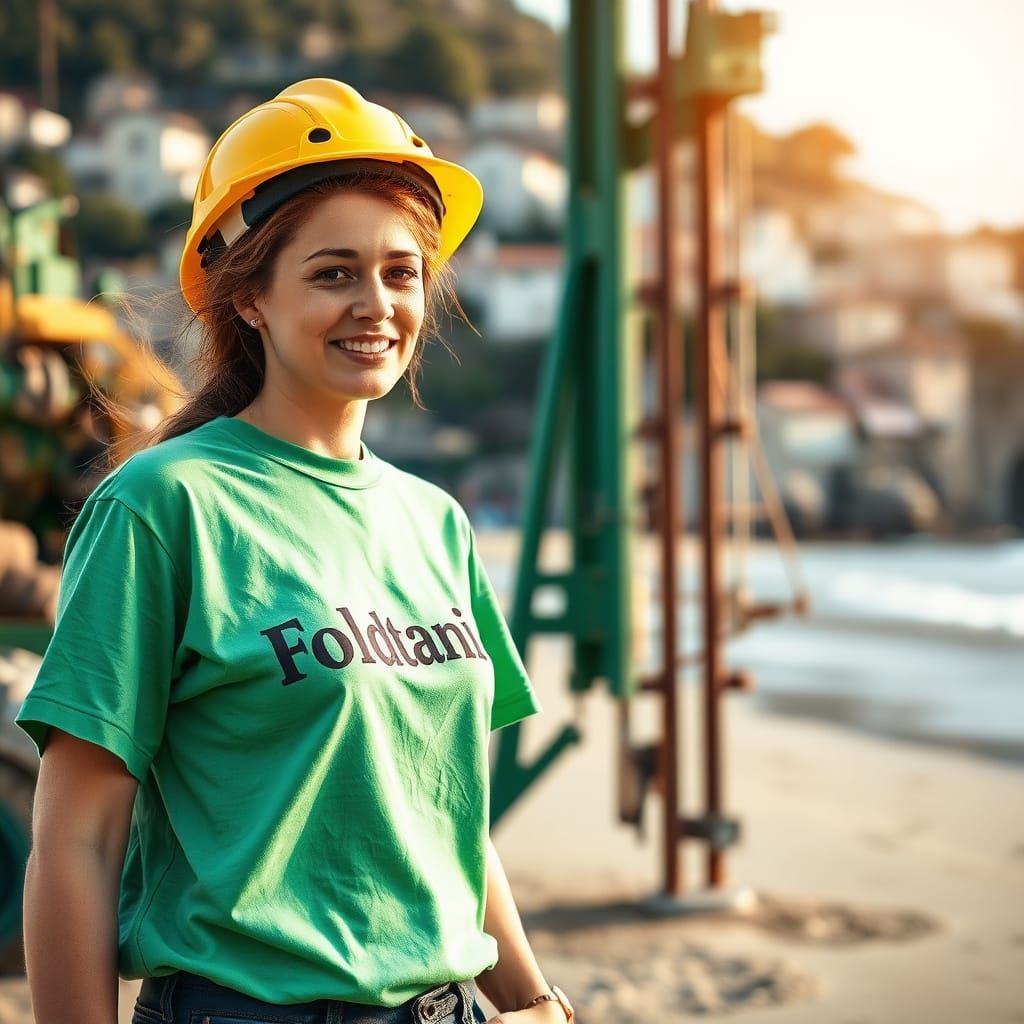 Italian Geologist on Beach Drilling Site with Ligurian Villa...