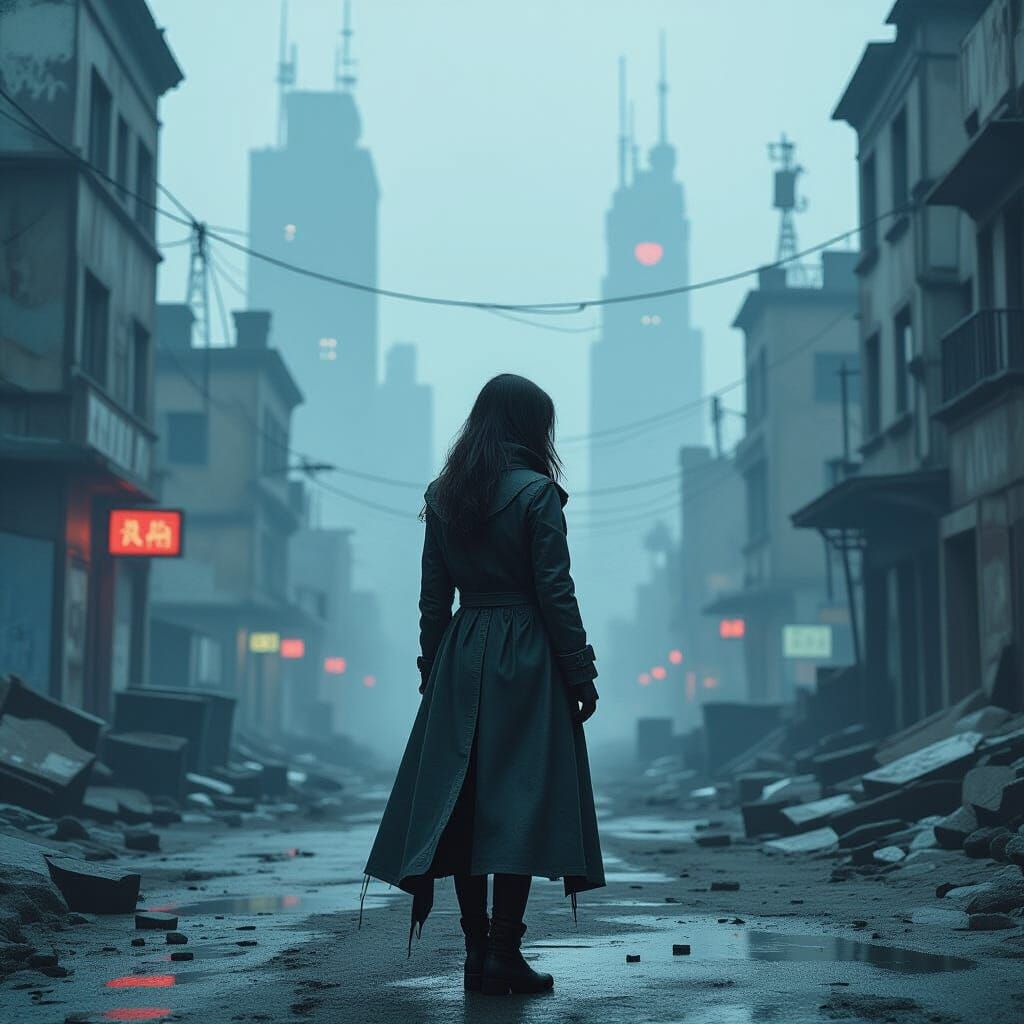 Dystopian Woman in Crumbling Cityscape