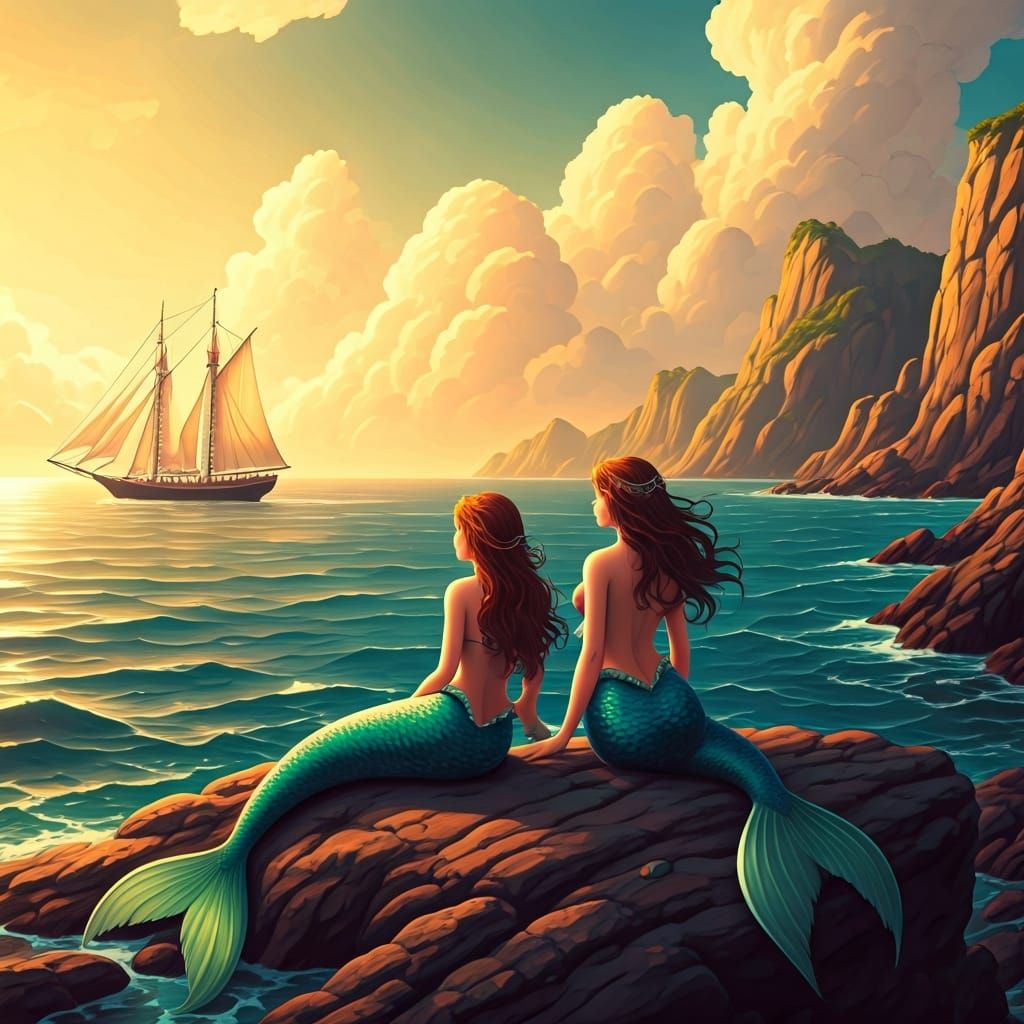 Mermaids Await Sailboat, Ghibli-esque Seascape