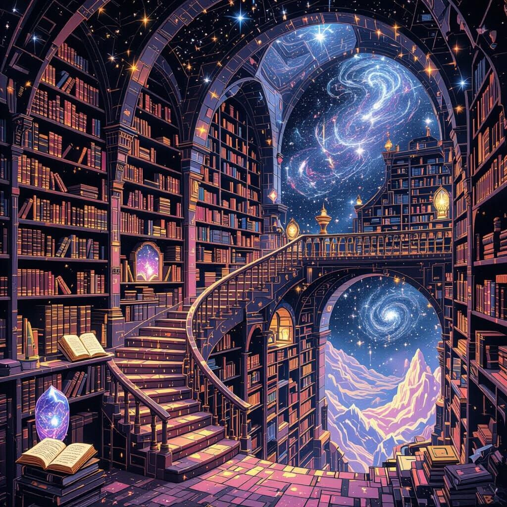Celestial Library Among Stars in Surreal Style