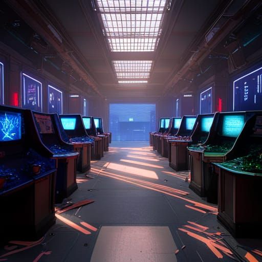 Abandoned Cyberpunk Arcade Hall with Neon Lights