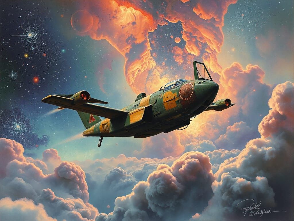 Ornithopter Drifting Through Alien Nebula: 1980s Sci-Fi