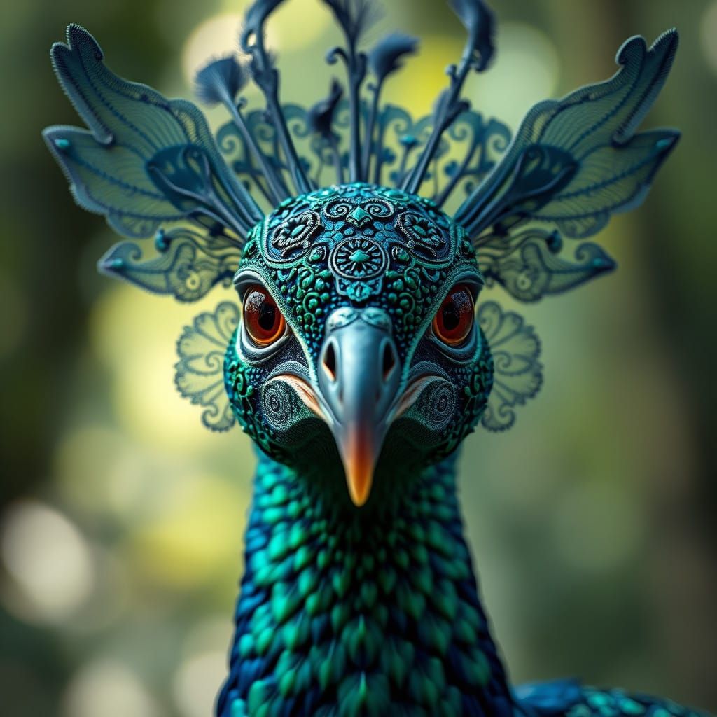 Mystical Bird with Baroque Plumage in Lush Forest