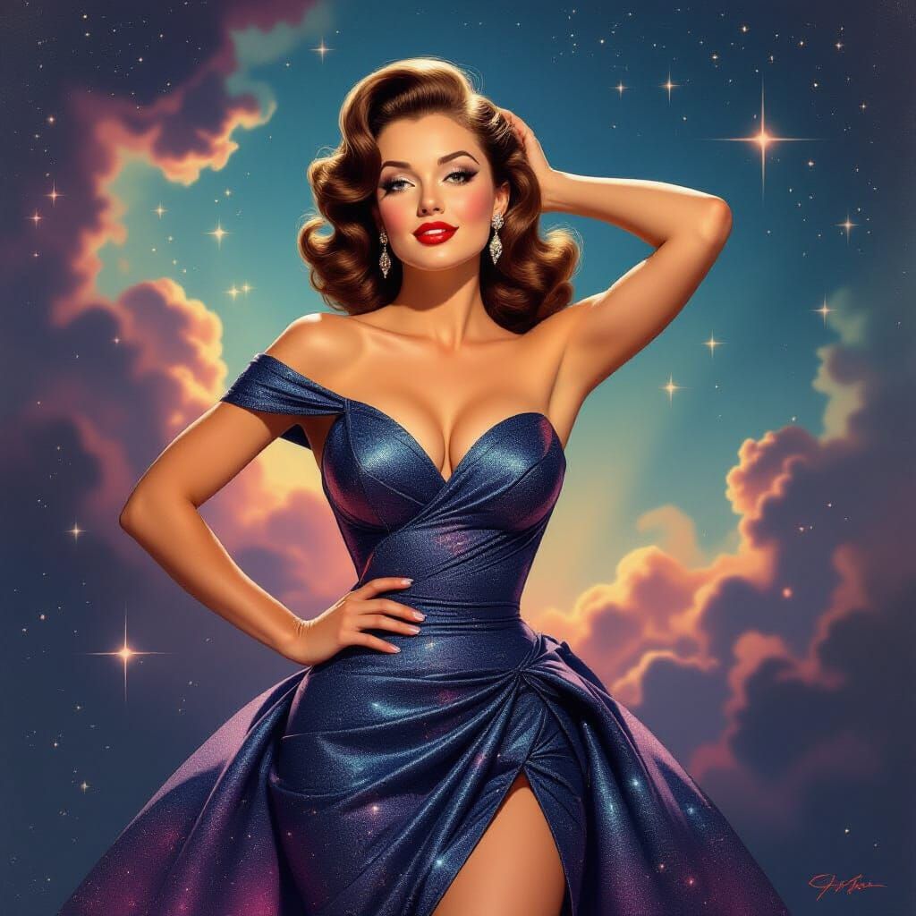 Pin-Up Girl in Shimmering Galaxy Gown