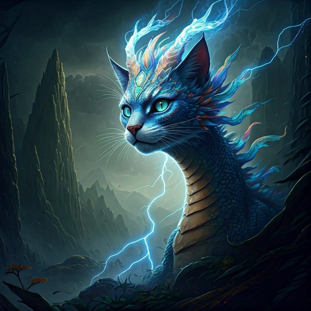 Dragon Cats Wielding Lightning Magic in Fantasy Realm