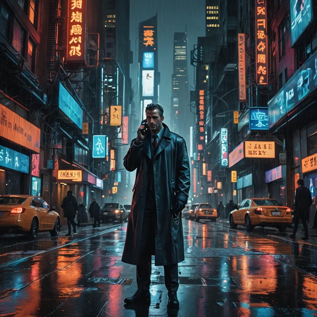 Cyberpunk Businessman with Holographic Phone in Neon City