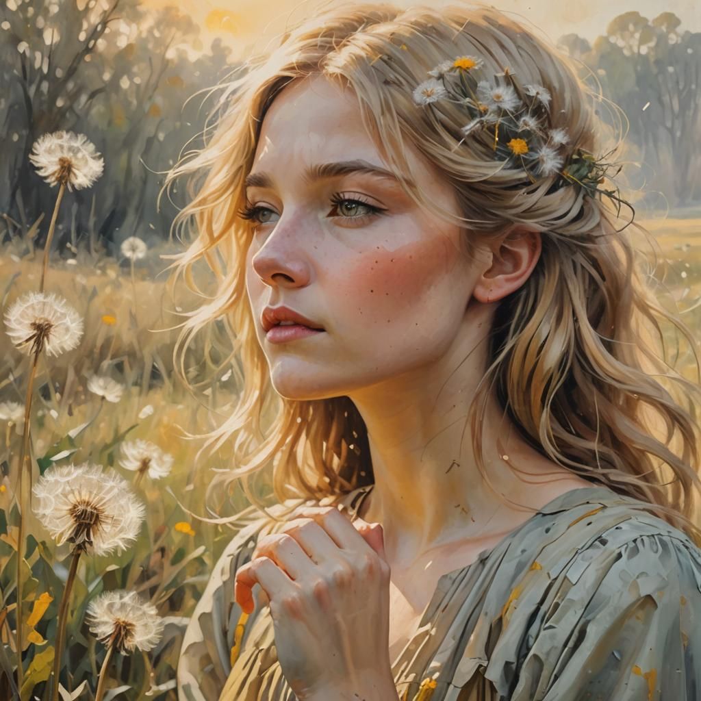 Girl With Dandelion in Impressionist Oil Painting