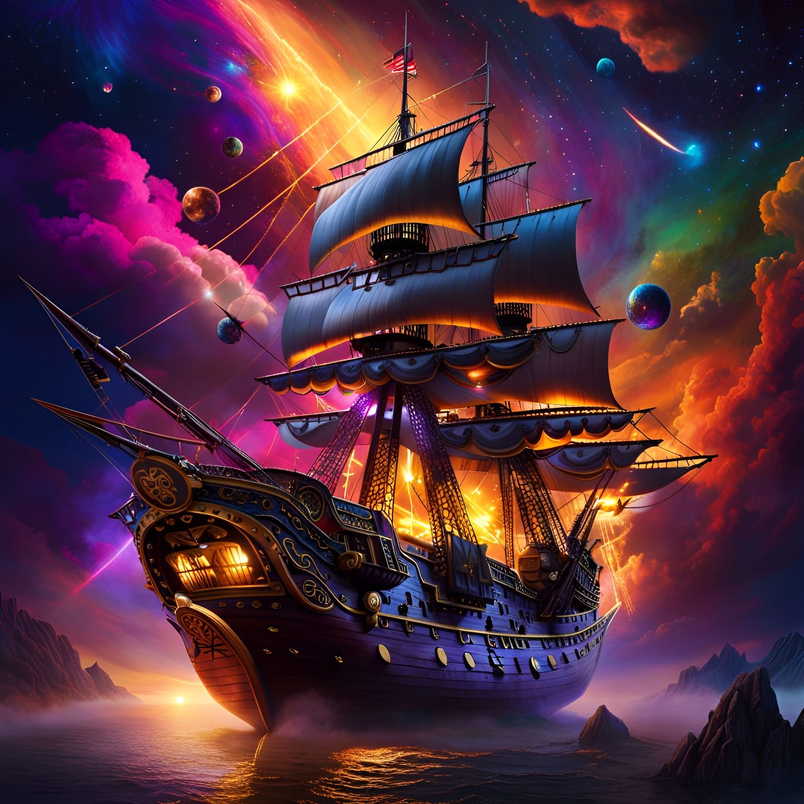 Pirate Ship Soaring Through a Cosmic Galaxy