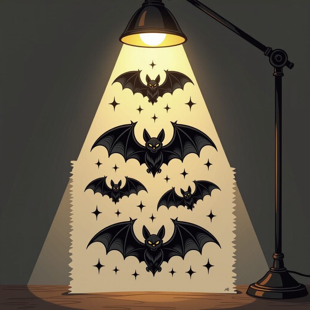 Gothic Bat Flash Tattoo Sheet Under Lamplight