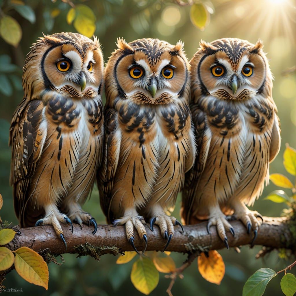 Realistic Wildlife Illustration of Three Owls on a Branch