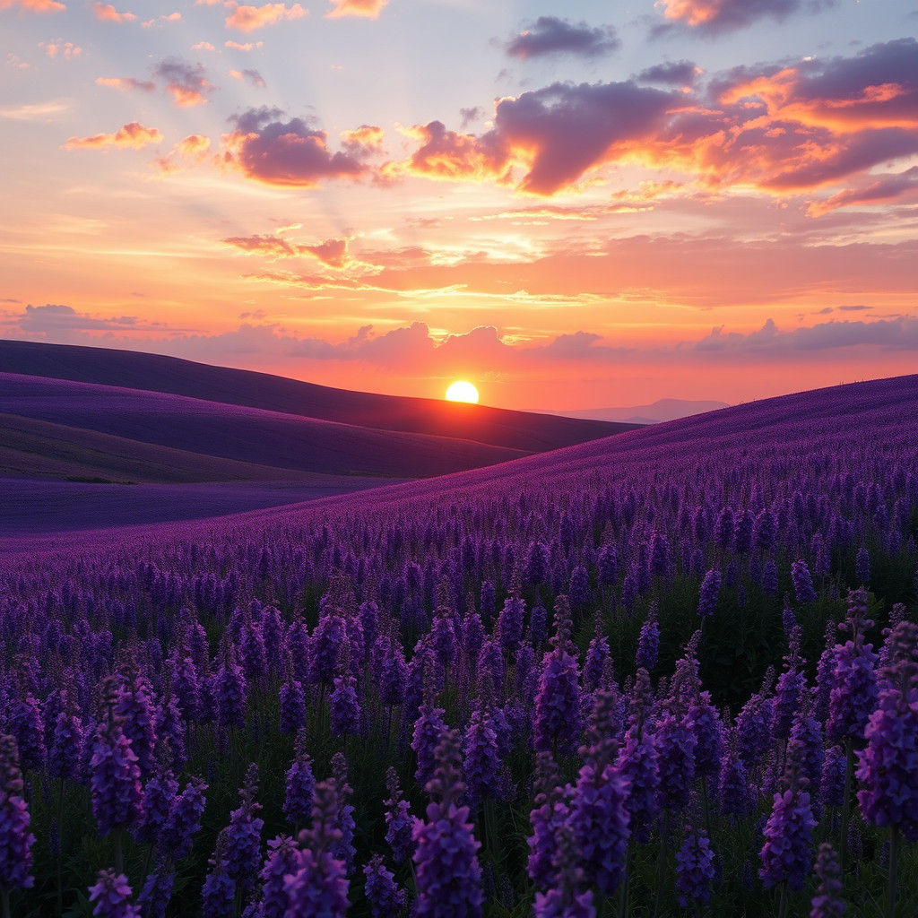 Purple Flowers Swaying at Sunset: Dreamy Ethereal Landscape