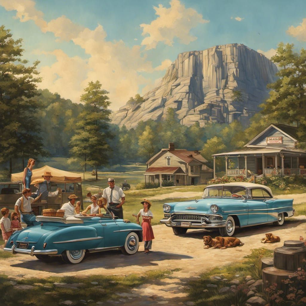Vintage Family Picnic at Stone Mountain: Hyperrealistic Art