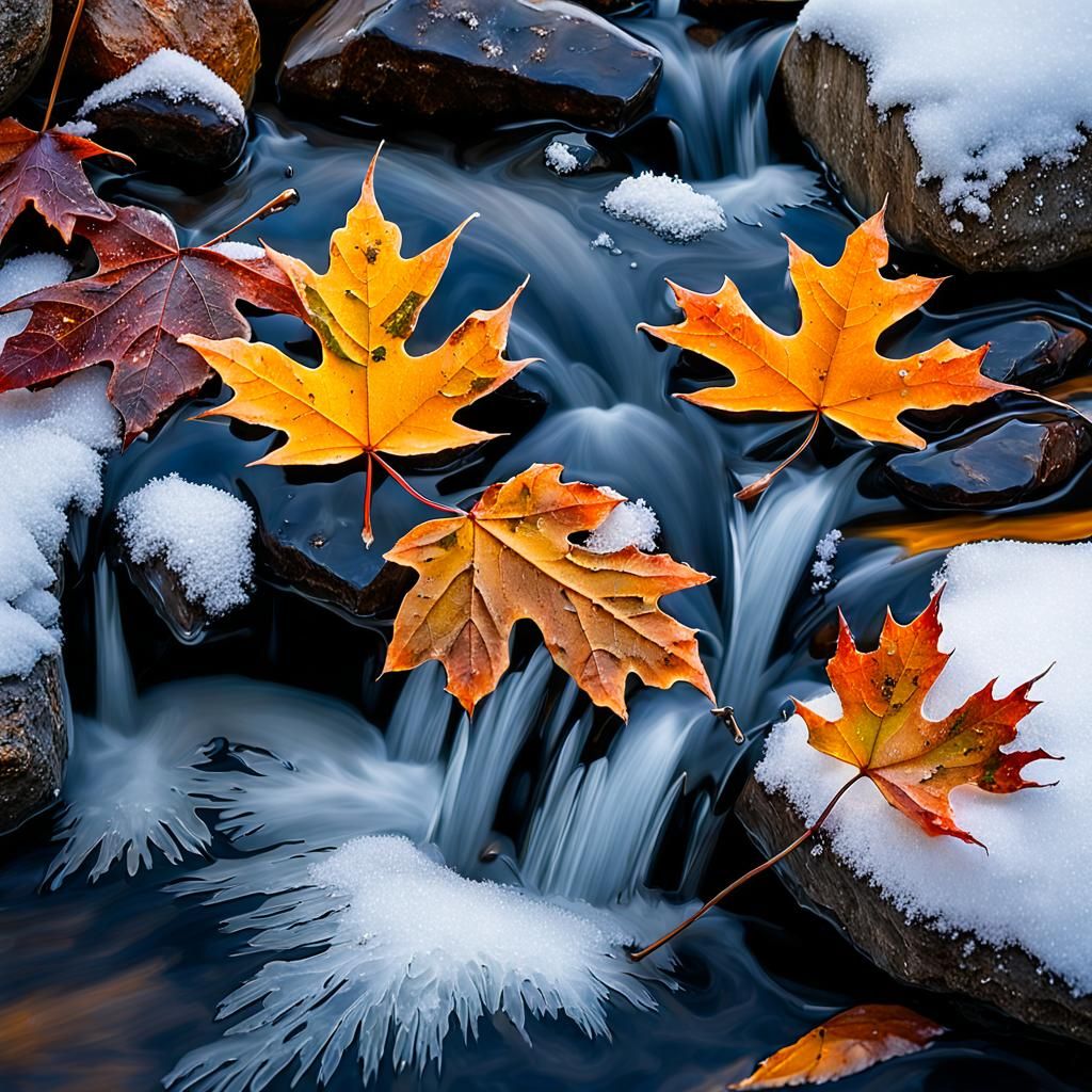Autumn Maple Leaves Frozen in Time