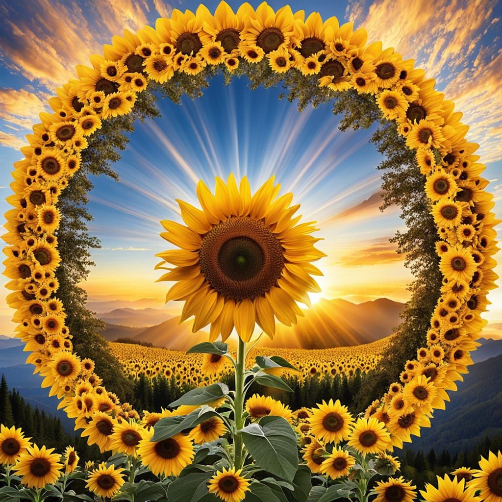 Abstract Harmony: Sunflower Angel on Mountain Peak