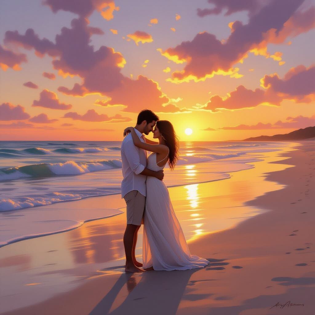 Romantic Couple Embracing on Beach at Sunset