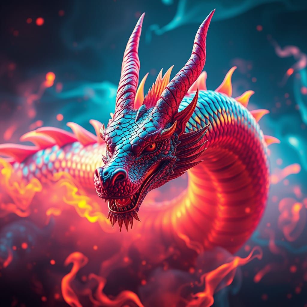 Iridescent Dragon Enveloped in Neon Flames