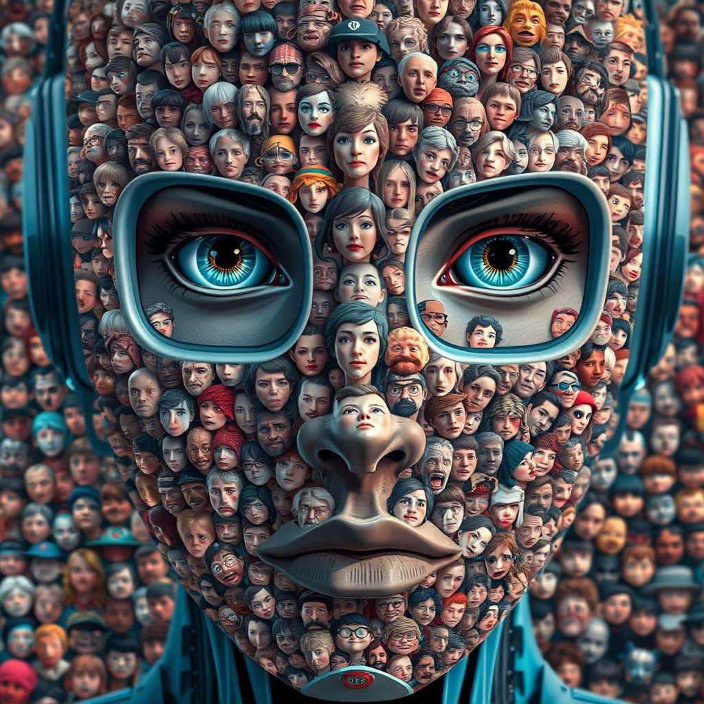 A surreal and highly detailed portrait of a robots face composed entirely of hundreds of smaller, individual human faces...
