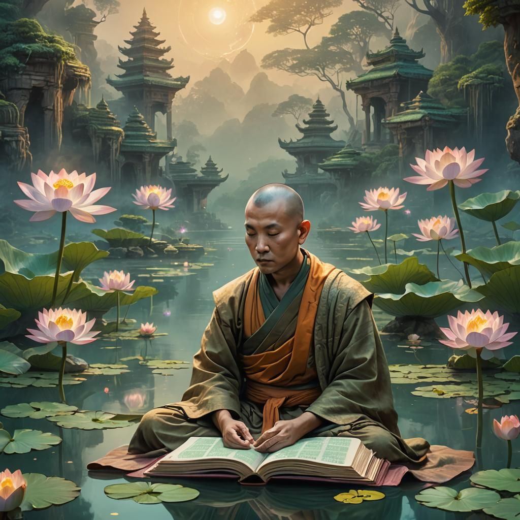 Buddhist Monk Meditating on Lotus Flower, Fantasy Art