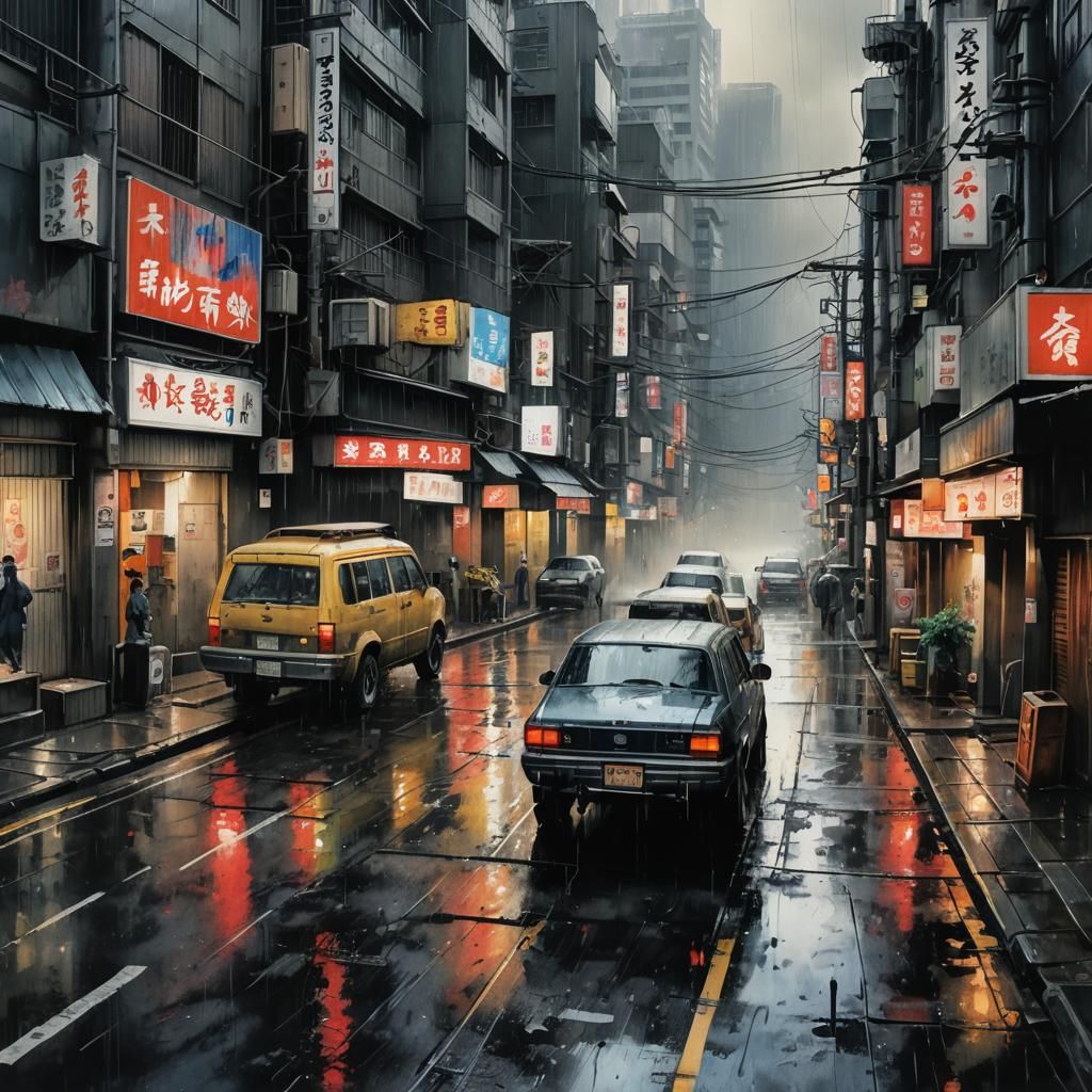 Post-Apocalyptic Tokyo Rain in Watercolor Style