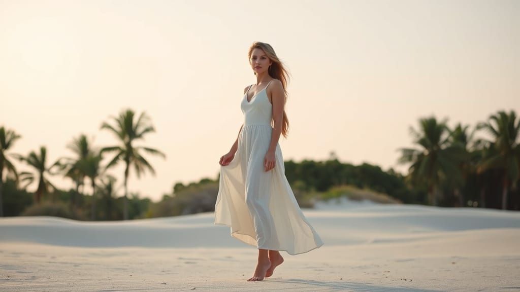 Serene Woman on White Sand Beach, Digital Illustration