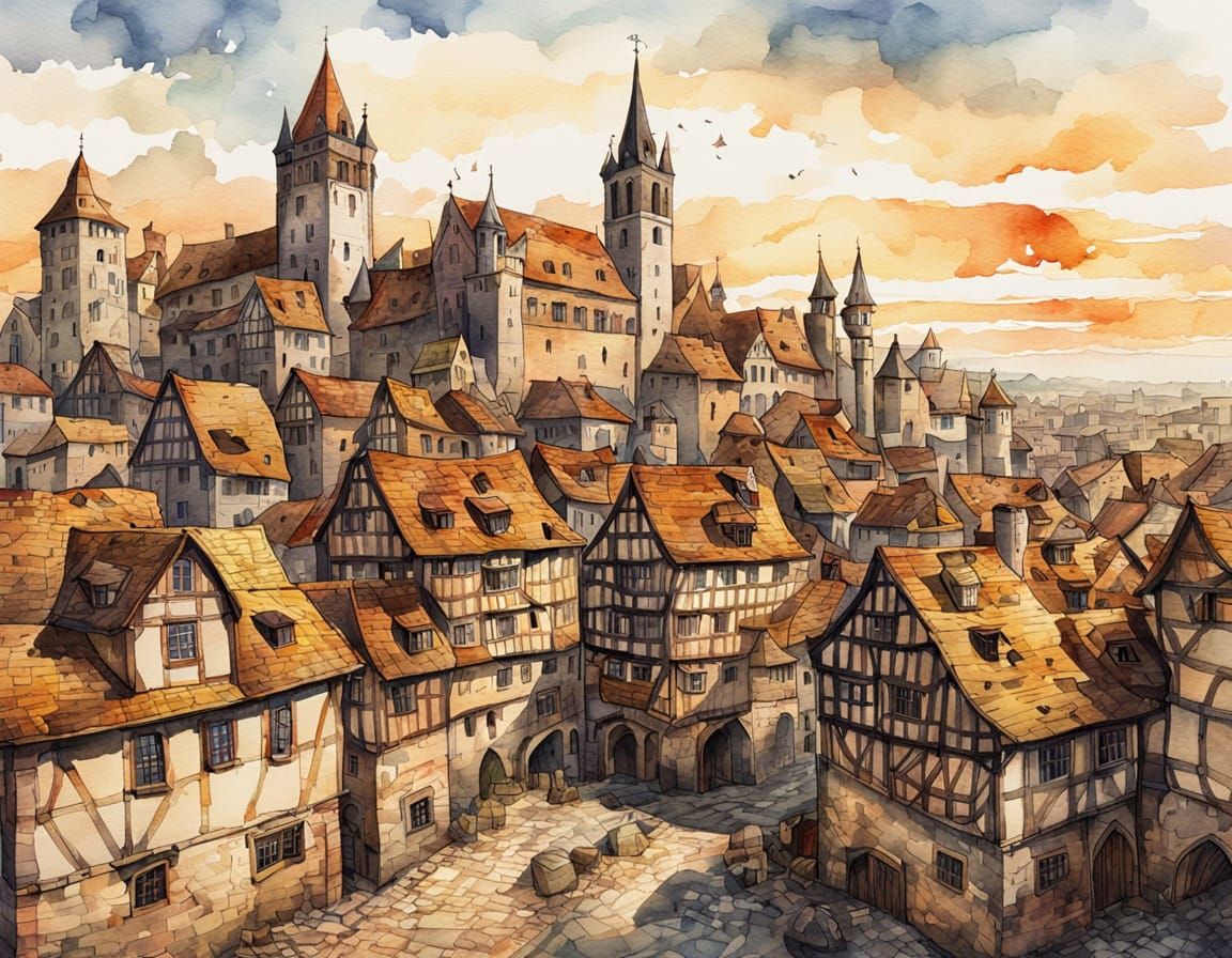 Medieval Cityscape in Watercolor and Marker Style