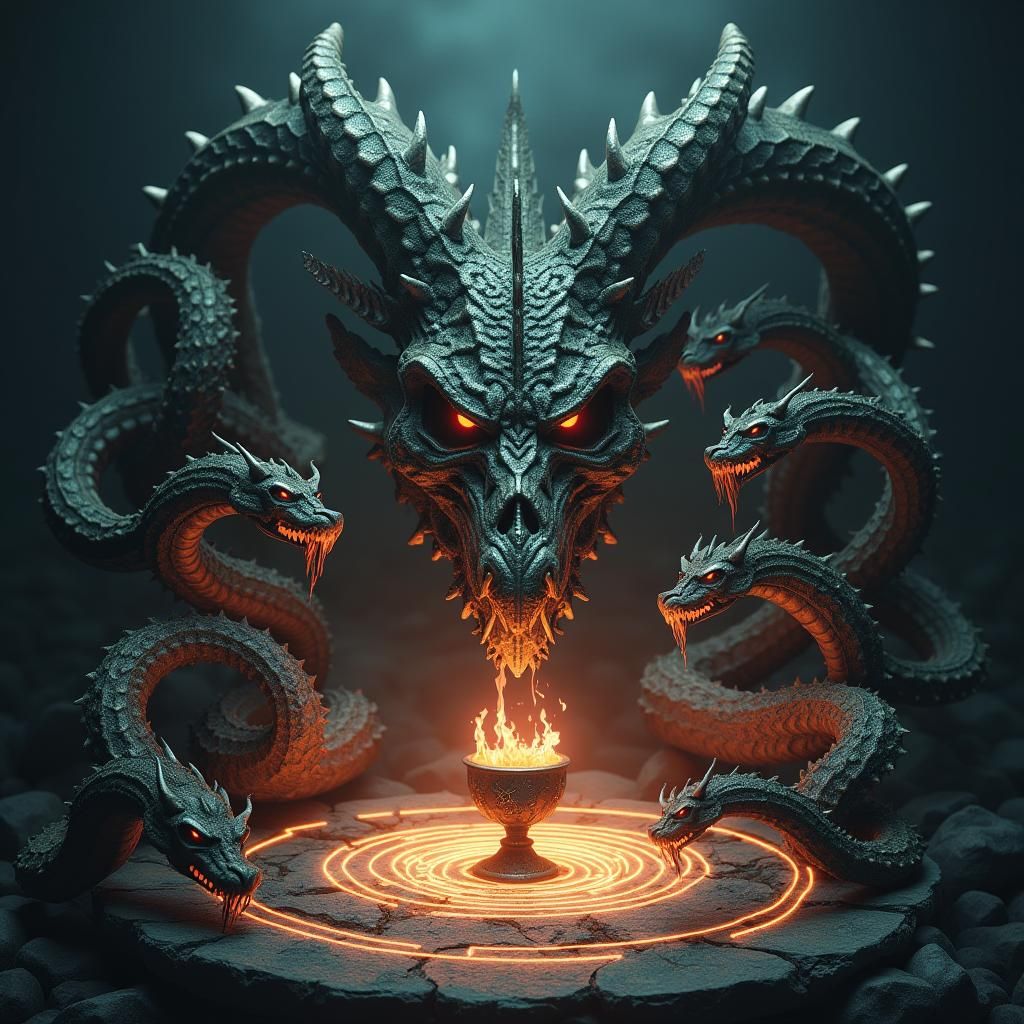 Three-Eyed Dragon Morphing into Serpents and Skulls