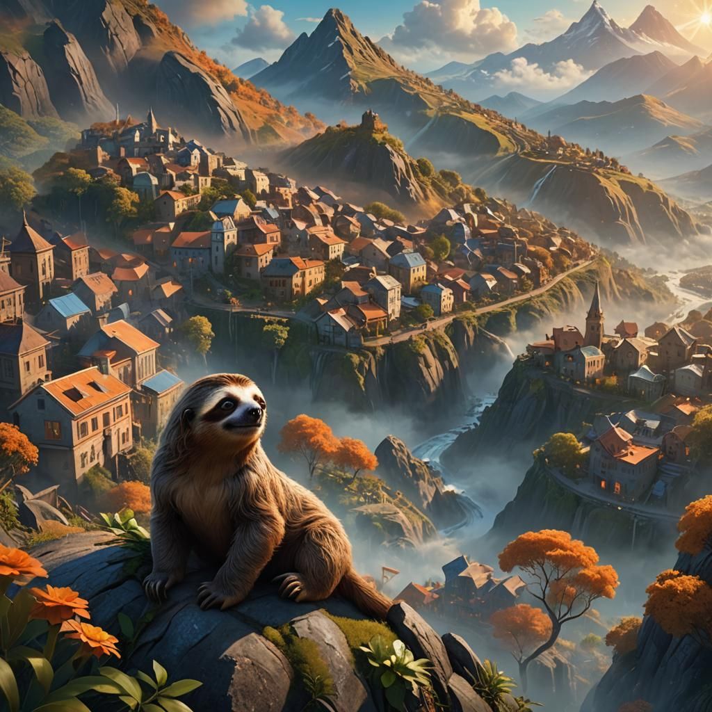 Sloth on Mountain, Art Nouveau Matte Painting