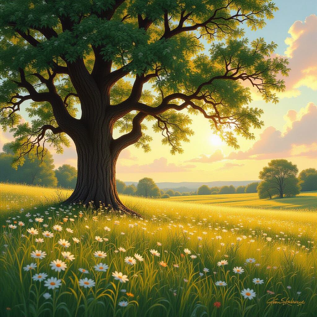 Majestic Oak Tree in Sunlit Meadow, Cinematic Lighting