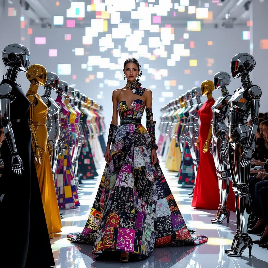 Robot Fashion Show Glitch in Art Nouveau Style