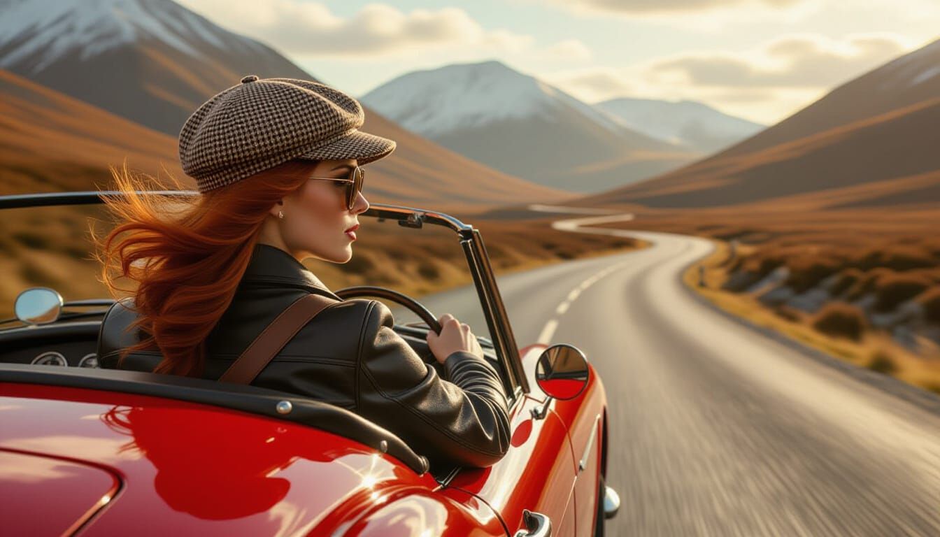 Scottish Woman Drives Vintage Car in Hyperrealistic Style
