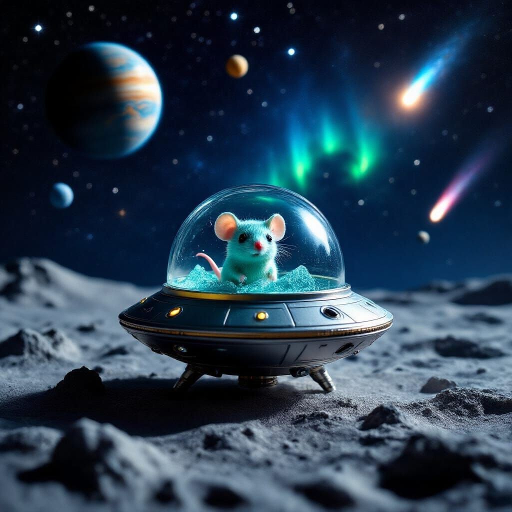 Alien Spaceship with Chibi Mouse on Moon