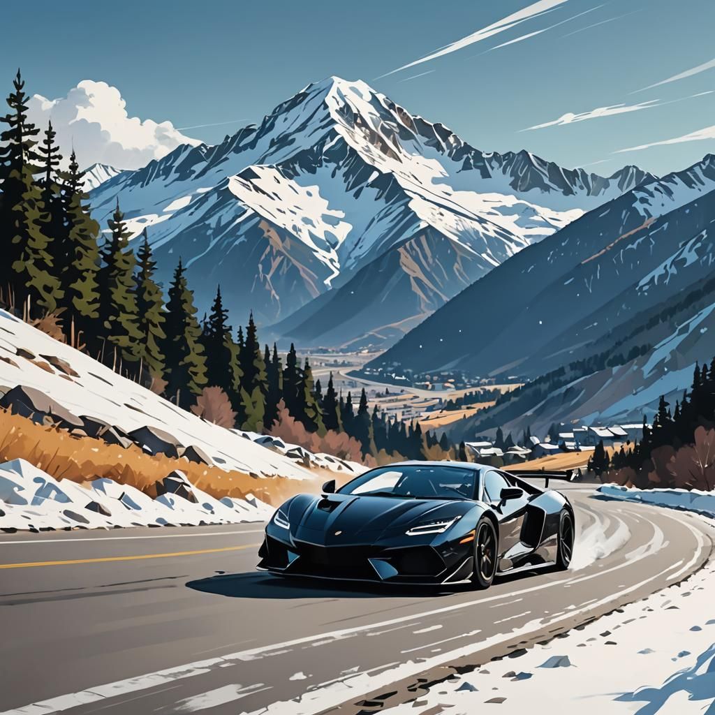 Supercar Drifting on Mountain Road in Expressionist Style