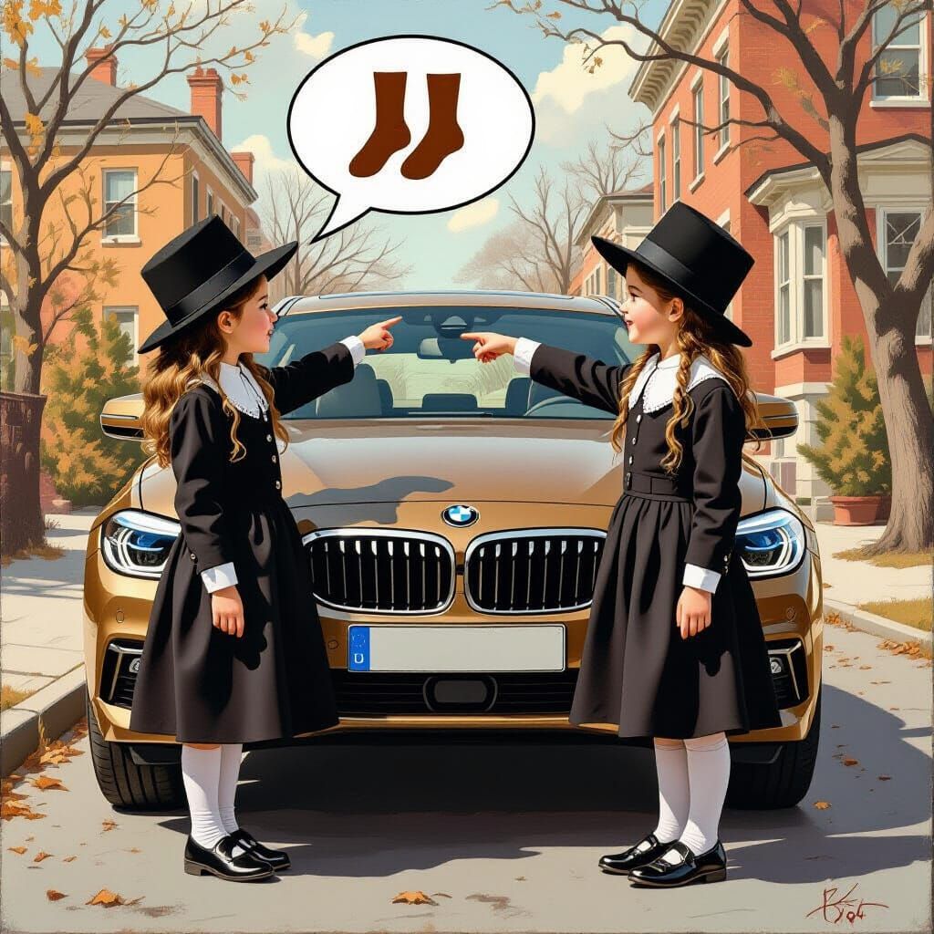 Hasidic Girls and Brown BMW in Realistic Style