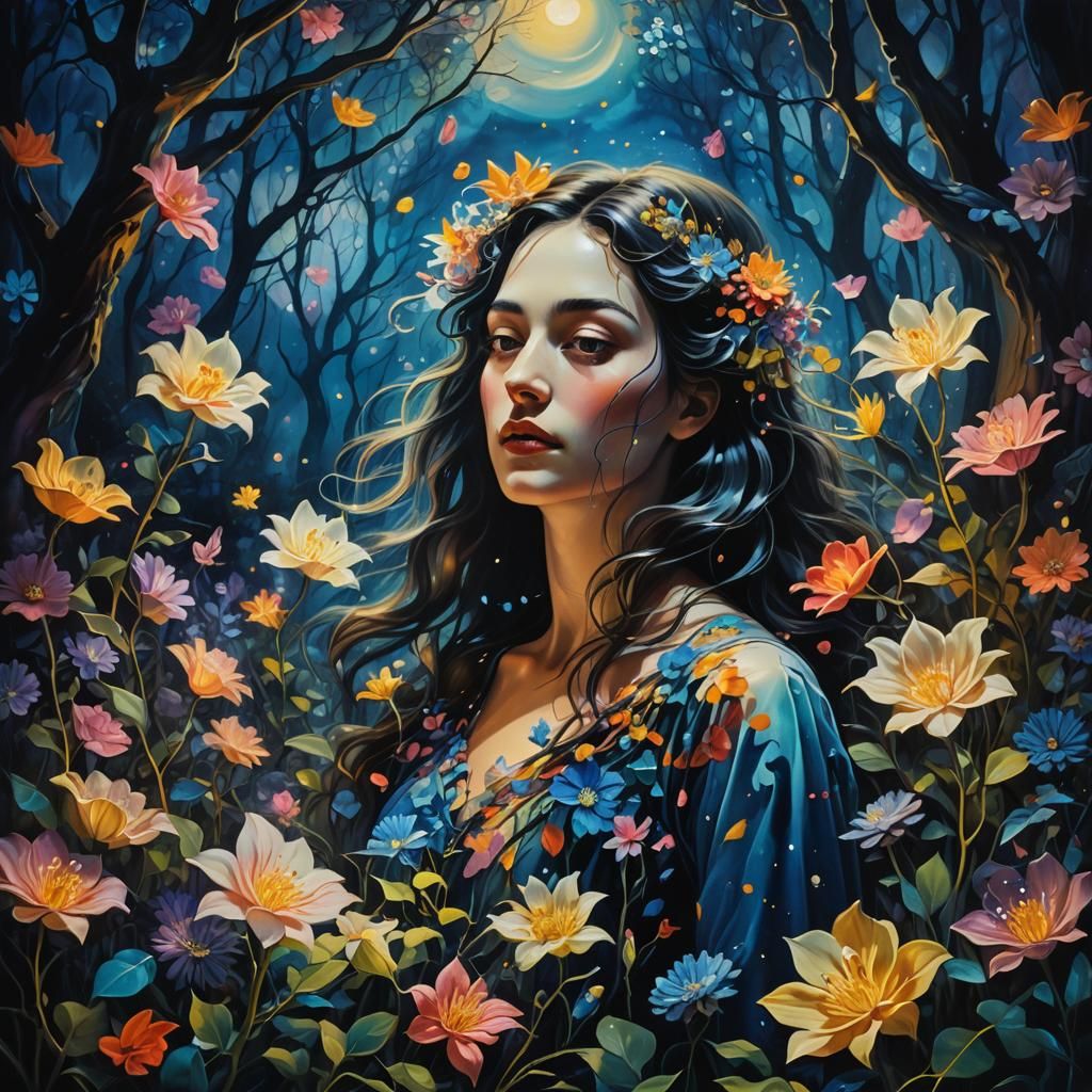 Mystical Forest: Woman Surrounded by Night Flowers