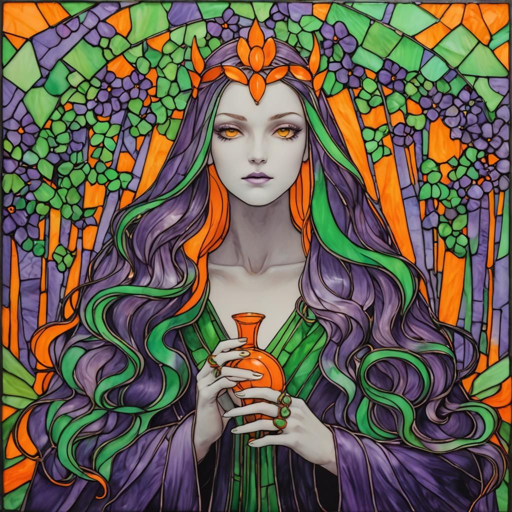 Vibrant Stained Glass Art in Purple, Green, and Orange