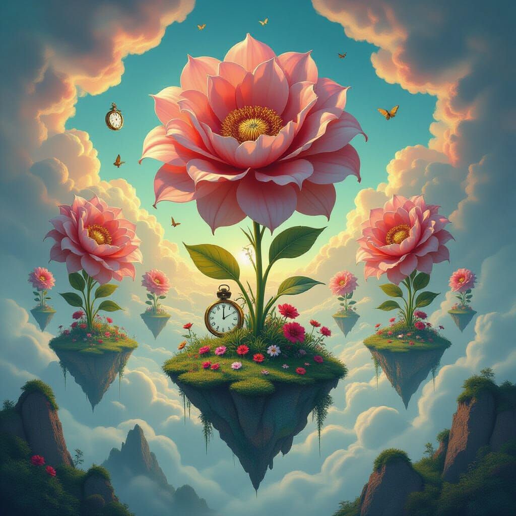 Surreal Dreamscape of Giant Flowers on Floating Islands