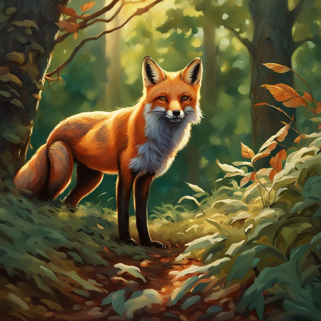 A beautiful red fox with a thick, luxurious fur. Creeping through the underbrush, stalking an unsuspecting bird. Intrica...