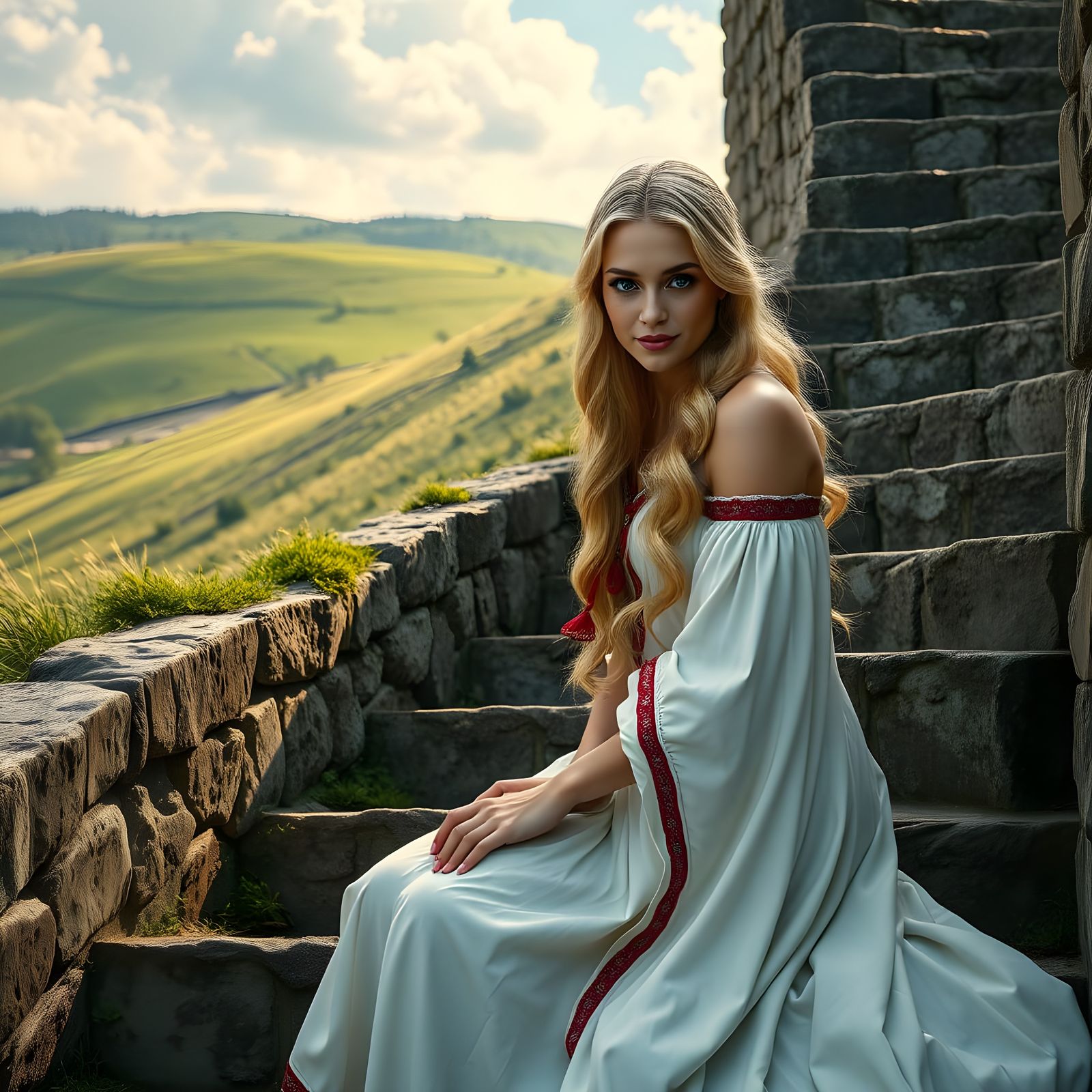 Norse Goddess Sits on Ancient Staircase in Idyllic Landscape