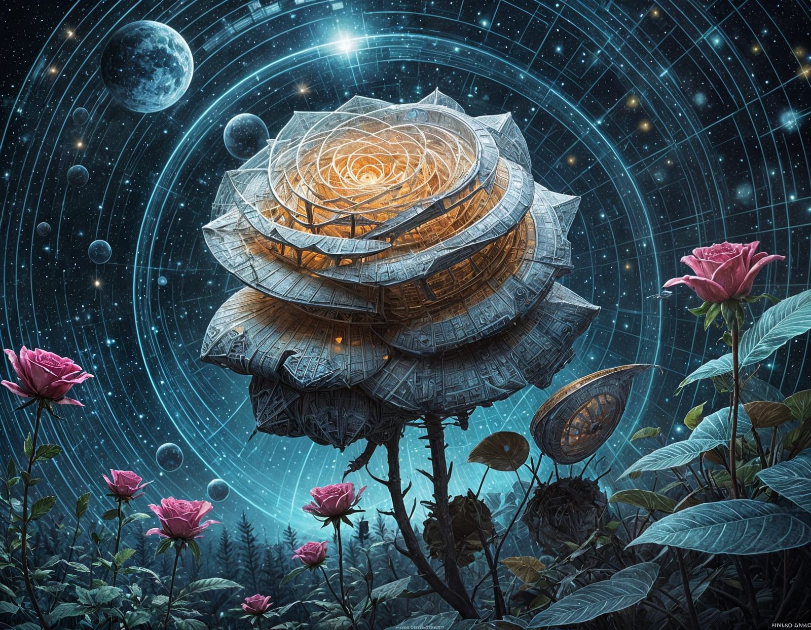 Ethereal Ghosts of a Glowing Rose Bush under Starry Skies