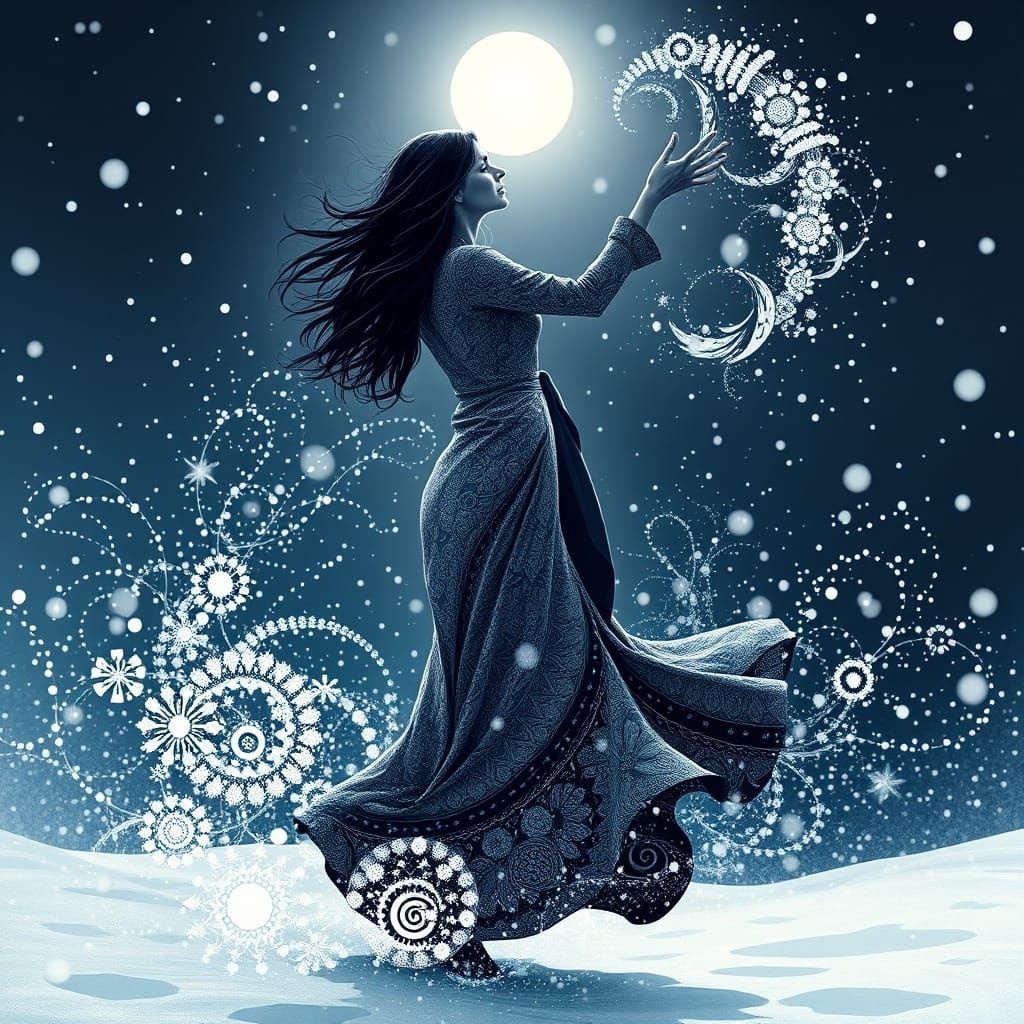 Woman Dancing in Winter Snow, in Abstract Fractal Style