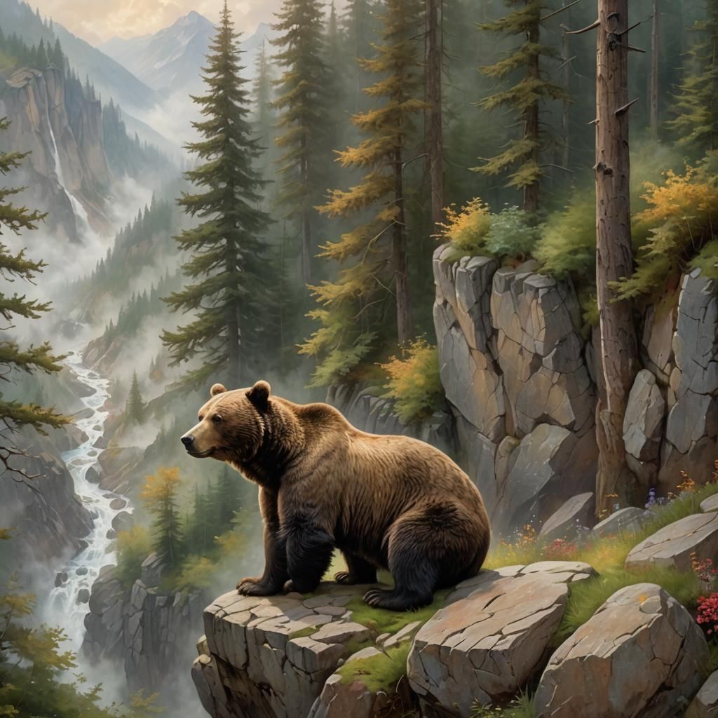 Brown Bear in Misty Forest: Stock Photo