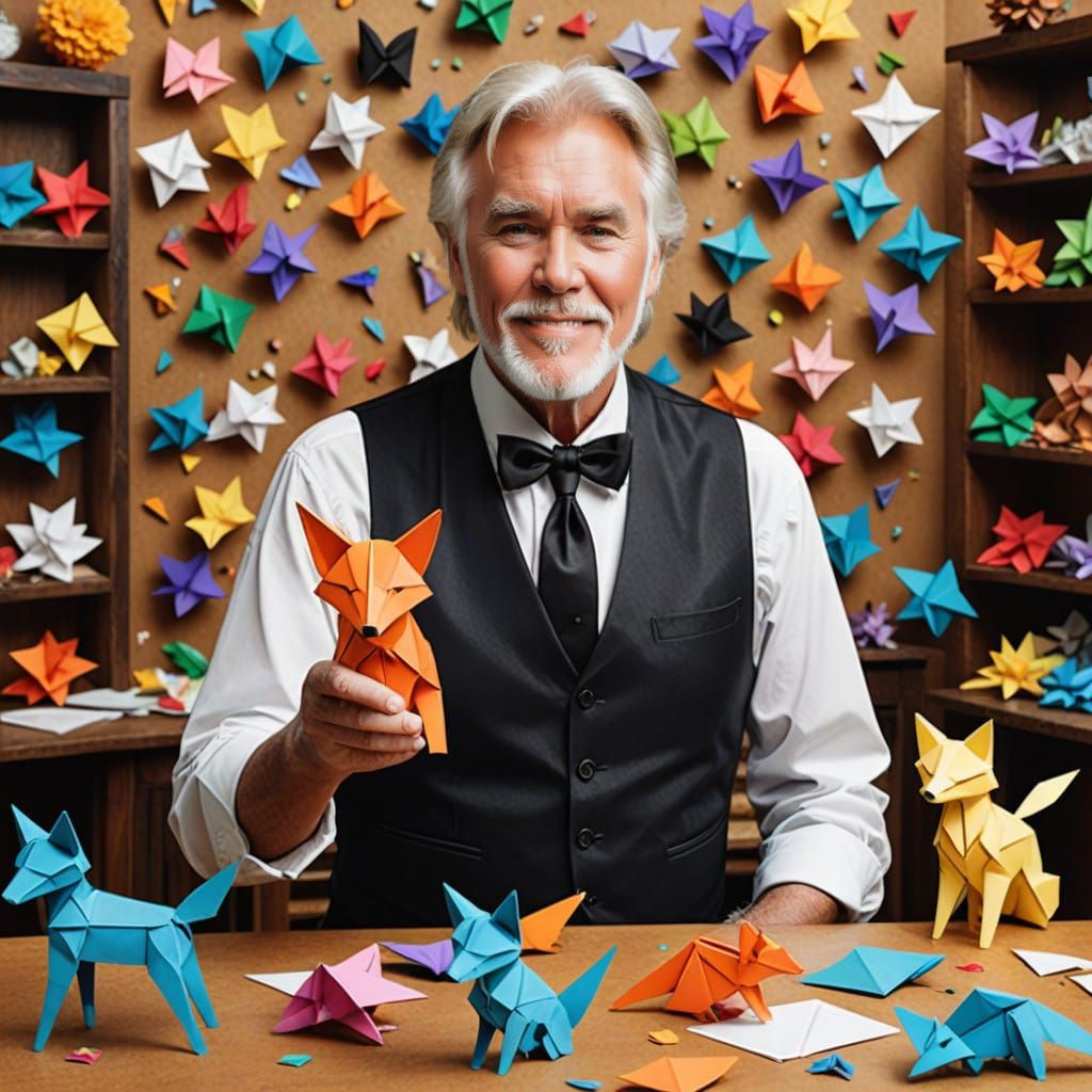 Kenny Rogers Holds an Origami Fox in a Vibrant Craft Room