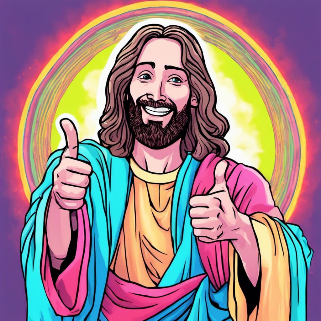 divine thumbs up from Jesus, TV preacher's broadcast,colorfu...