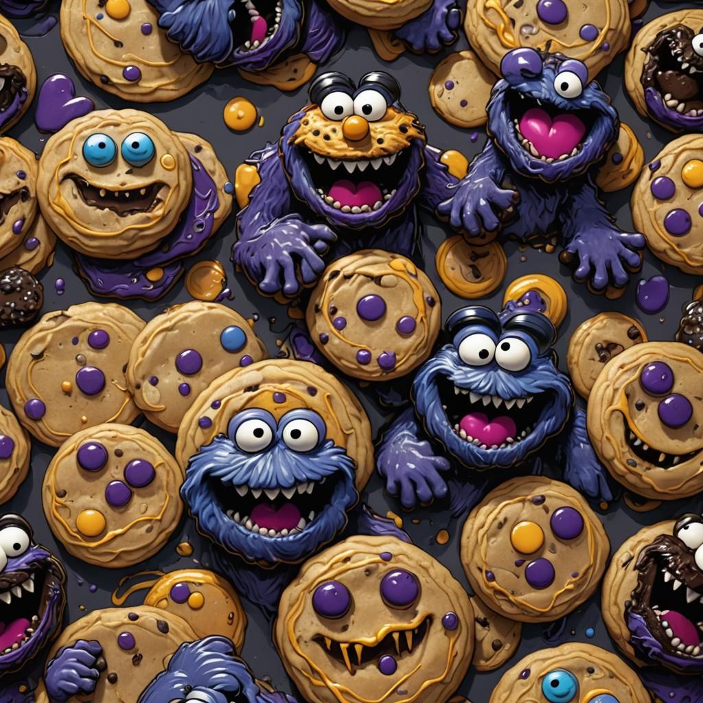 Cookies Running from Cookie Monster in Dark Fantasy