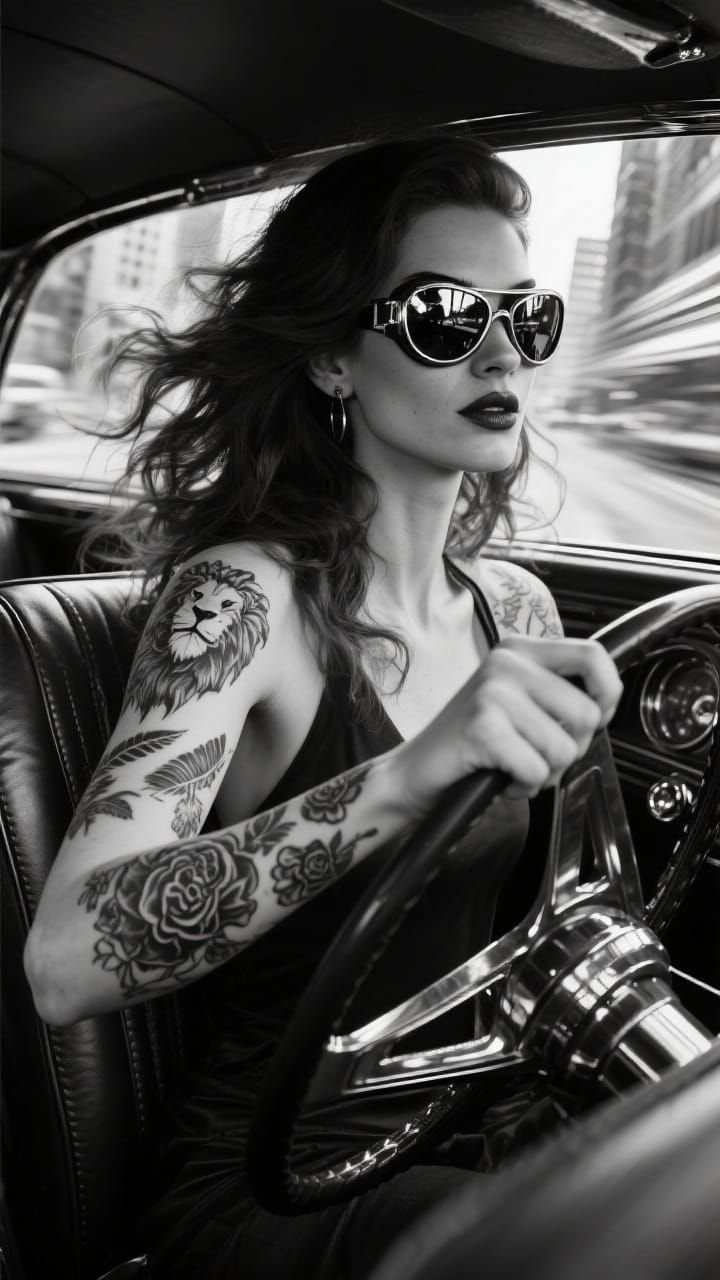 Dominant Woman in Vintage Car: Hyperrealistic Black and Whit...