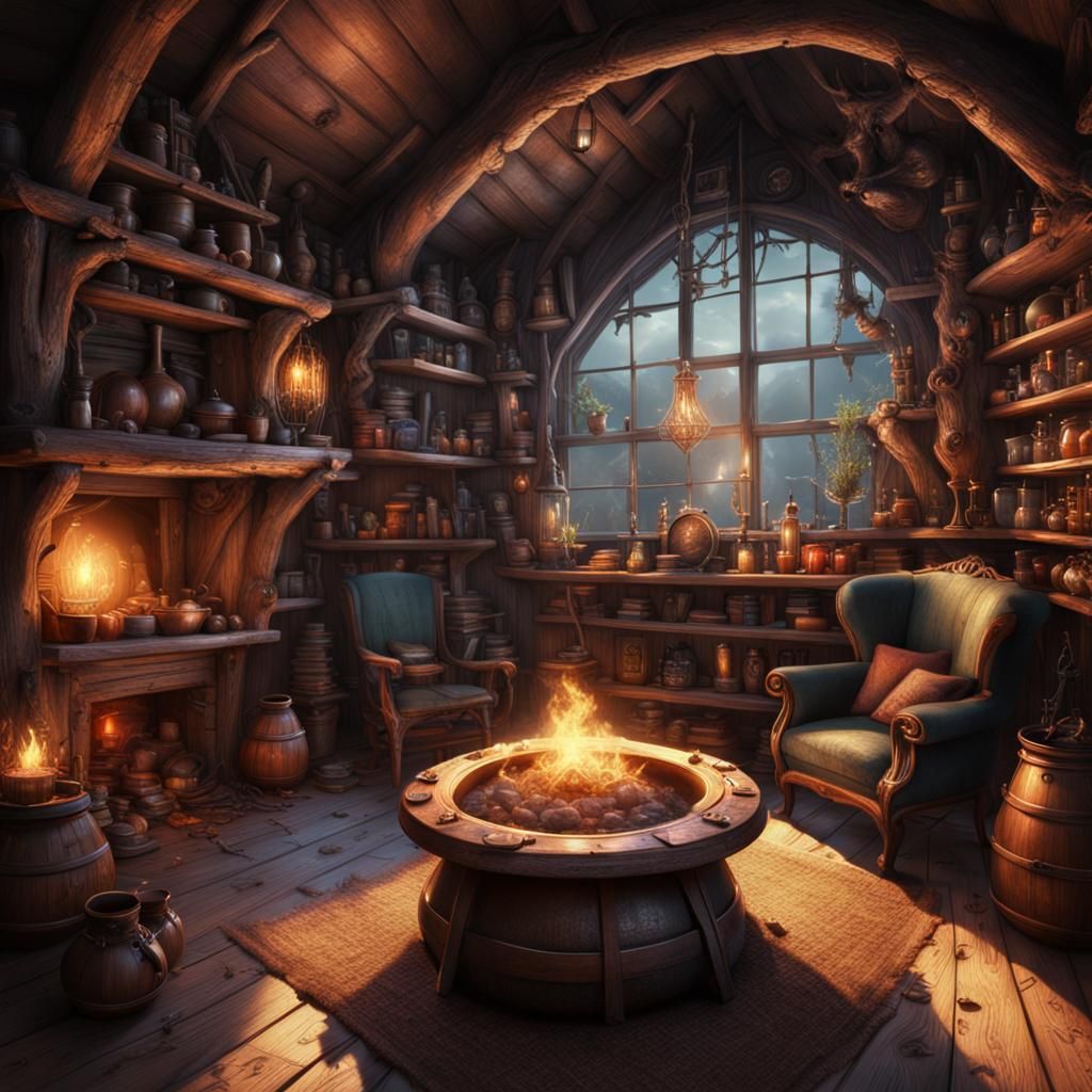 Cozy Witch Hut Interior with Cauldron and Potions