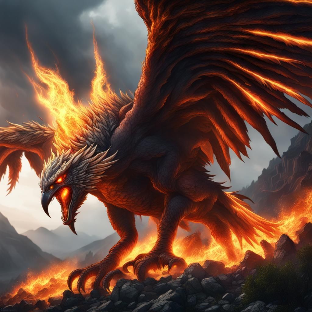 Giant fenix, protruding from the mountains, fire emanates from its mouth, angry, anger, realistic illustration, 4K, deta...