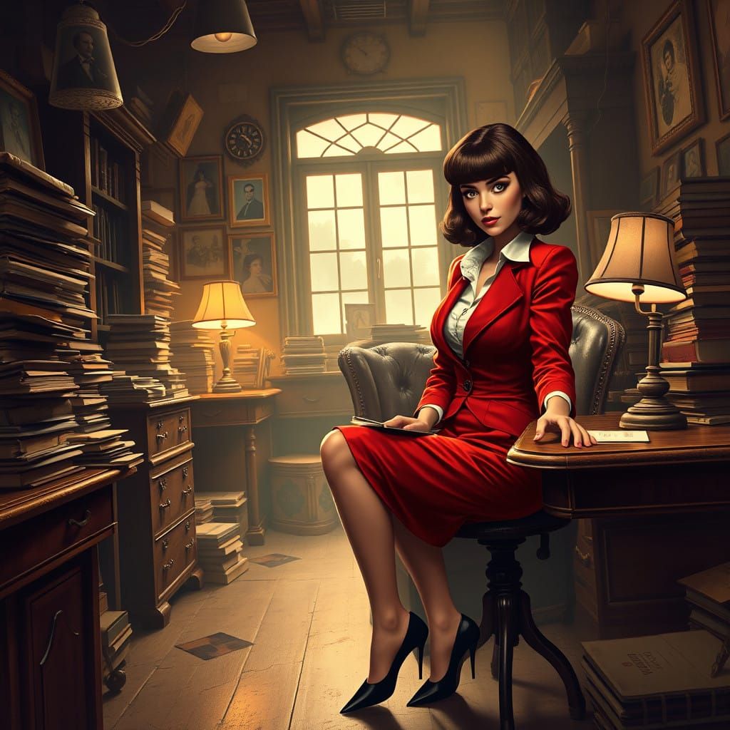 Femme Fatale Detective in Vintage Red Skirtsuit