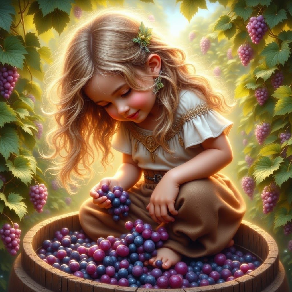 Fantasy Girl Crushes Grapes in Golden Light