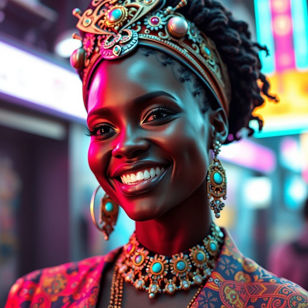 Cyberpunk Portrait of Smiling Woman with Intricate Details